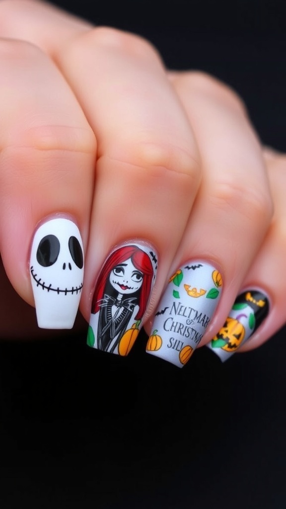 Short nails with Nightmare Before Christmas designs including Jack Skellington and Halloween motifs.